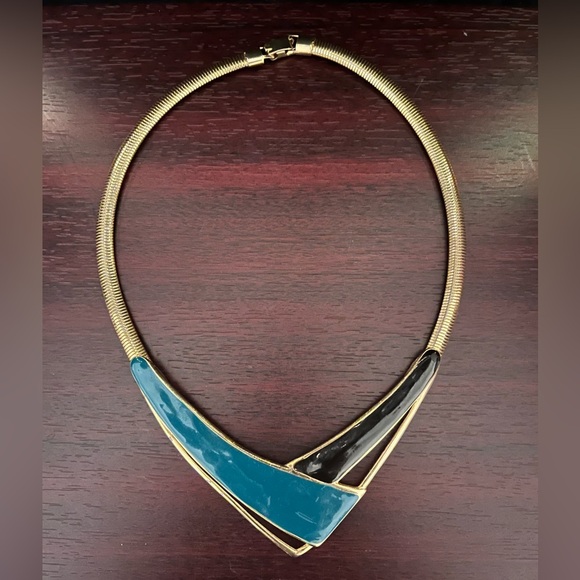 Gold & Blue Enamel Omega  Collar Necklace - Picture 4 of 6